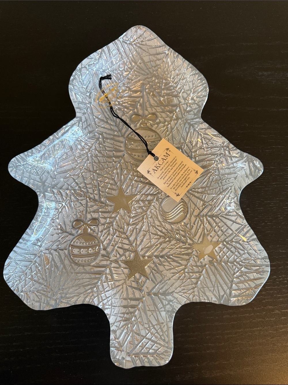 NWT AKCAM Handmade Turkish Glass Silver Christmas Holiday Tree Platter